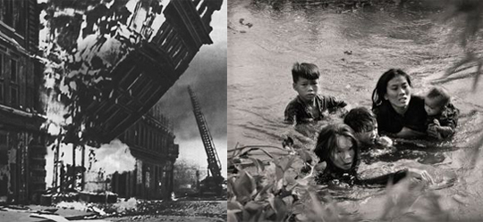 Бомбардировка Лондона в 1940 году. Справа мать с детьми переплывает через реку, спасаясь от американских бомб во Вьетнаме