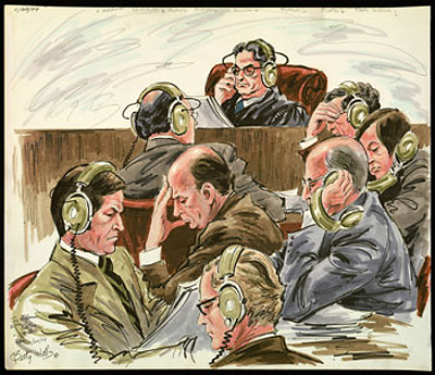 20 ноября 1974 года представители защиты слушают в суде магнитофонные записи Никсона. Рисунок Бетти Веллс