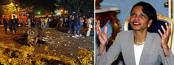 Слева Мумбаи после атаки, справа Кондолиза Райс празднует Рамадан.
