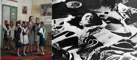 Справа - И. Владимиров "В женской школе", справа - японская школьница, погибшая от радиации в Хиросиме