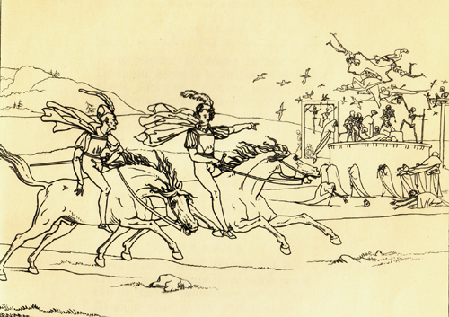Мефистофель и Фауст едут на Брокен. Иллюстрации Морица Решца к "Фаусту" Гете, которые сам Гете нашел остроумными. 