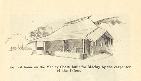 Первый дом на берегу Маклая, построенный для него плотником с корвета "Витязь"