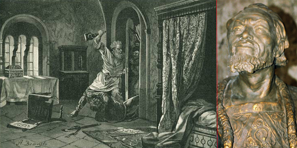 Слева – убийцы врываются в спальню князя Андрея. Ключник Амбал предусмотрительно спрятал княжеский меч, так что пришлось защищаться чем попало. Вообще, эта картинка похожа на описание прорыва покрова в момент смерти князя Андрея Болконского (о Покрове в русской классической литературе см. предыдущее место силы – «Глушица»). Справа портрет князя Андрея Боголюбского, восстановленный по черепу антропологом Михаилом Герасимовым. Одухотворенное лицо кроманьонца. Такие широкие скулы у Андрея потому, что его мать была половчанка. Мощи князя сейчас в Успенском соборе во Владимире