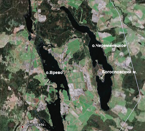Местность силы в районе озер Череменецкого и Врево. Вид из космоса