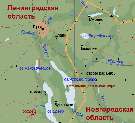 В 12-ти километрах к югу от Луги по шоссе Петербург - Киев будет указатель на Череменецкий монастырь. Городец стоит прямо на этом шоссе