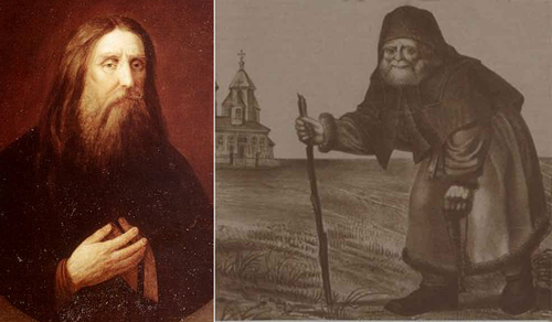 Серафим Саровский. Слева портерт, написанный Дмитрием Евстафьевым. Здесь святой еще относительно молод. А на литографии справа, вышедшей из мастерской Дивеева, он явно постарше. И "человеческого, слишком человеческого" в нем явно поменьше