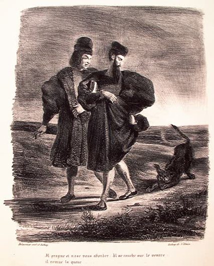 Доктор Фауст и его ученик Вагнер встречают во время пасхальной прогулки черного пса. Делакруа, иллюстрация к «Фаусту» Гете