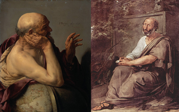 Слева Гераклит Эфесский, картина Хендрика Тербрюггена. Справа Аристотель, картина Франческо Хайеса 