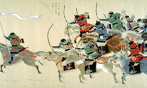 Эта гравюра изображает атаку японской конницы против монголов в бухте Хаката в 1281 году