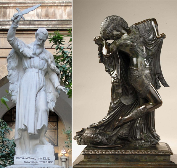 Слева статуя Ильи Пророка, убивающего жрецов чужих богов (Алеппо, Сирия). Справа скульптура Пола Ховарда Маншипа «Саломея», 1915