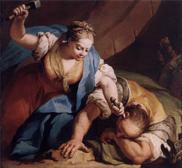 В принципе, можно и так: одна из библейских женщин-кали по имени Иаиль пробивает череп вражескому полководцу Сисаре. Джакопо Амигони. Иаиль и Сисара. 1739