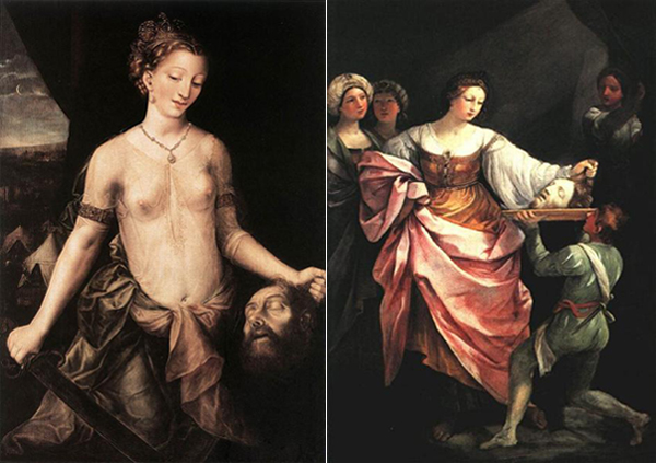 Слева Я.Массес, Юдифь с головой Олоферна, 1540. Справа Гвидо Рении, Саломея с головой Иоанна Крестителя, 1639-1640