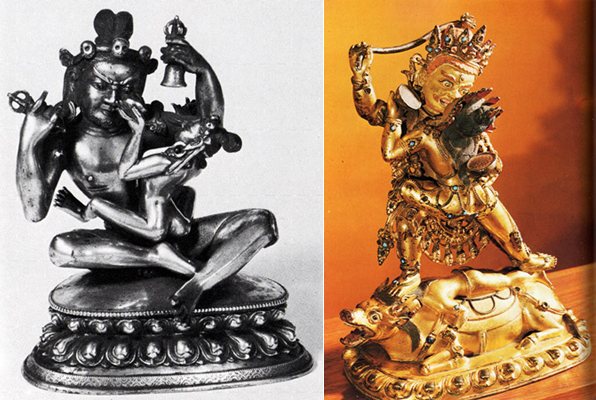 Слева Махасиддха Гандхапа в облике Будды Ваджрадхары со своей шакти, Тибет, XVII в. Справа Рактаямари, проявление Ямантаки, победителя смерти со своей шакти, Тибет, XVIII в.