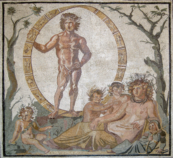 Айон в зодиакальном круге и Гея в окружении персонификаций четырёх времен года. Лента, на которой изображен Зодиак, очень напоминает лист Мёбиуса. Греко-римская мозаика, III век н. э.