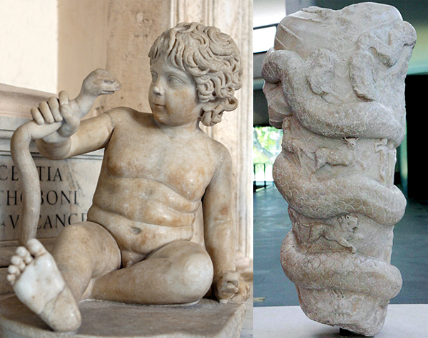 Слева младенец Геракл, удушающий змей (вообще-то обычно их две). Справа торс, обвитый змеей (вообще, это митраистская статуя, но "нам головы не удалось узреть, в которой яблоки глазные зрели") 