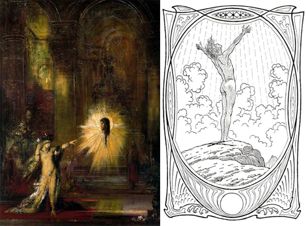 Слева Гюстав Моро: Саломея голова Иоанна Крестителя (1876). Справа Фидус: Поклонение Солнцу