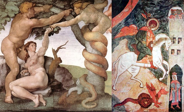 Слева Микеланджело. Грехопадение. Фреска свода Сикстинской капеллы (1508-1512). Справа «Чудо Георгия о змие», русская икона.