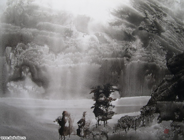Пейзаж  в технике «подъема туши», исполненный современным китайским художником, известным в Интернете под ником elf-archer
