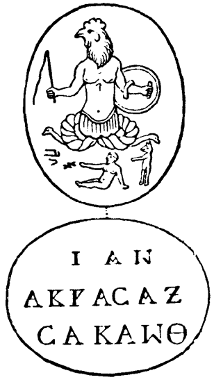 Абраксаса изображали с торсом человека, головой петуха и змеями вместо ног. В правой руке он держит плетку, в левой – щит
