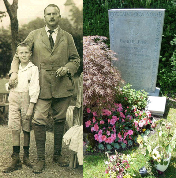 Слева Карл Юнг с сыном в 1918 году. Справа стела с именами предков Юнга, которую он сделал зимой 1955-56 года и поставил во дворе своей Башни