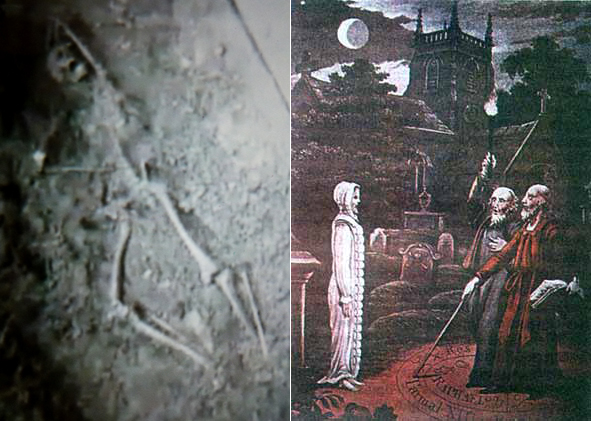 Слева скелет наполеоновского солдата, найденный около башни Юнга. Справа сцена некромантии