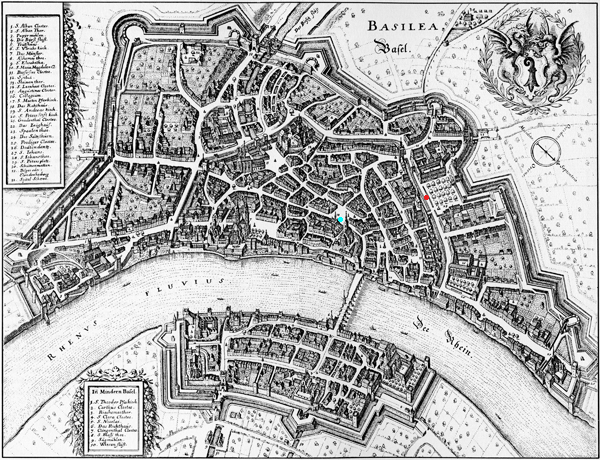 План Базеля, 1642 год. Голубой точкой на нем я пометил Рыночную площадь, а красная точка стоит между церковью Петра и площадью Петра (парком, при увеличении хорошо видны деревья)