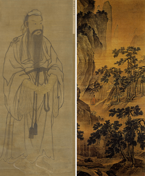 Слева портрет Люй Дун-биня, одного из восьми даосских бессмертных (изображение эпохи юань). Справа картина Дай Цзиня «Ищущий дао в райской пещере» (XV век)