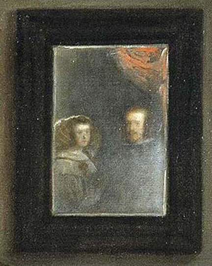 Веласкес.  Менины. Король Филипп и его супруга Марианна, которых рисует художник, отражаются в зеркале, висящем на стене мастерской