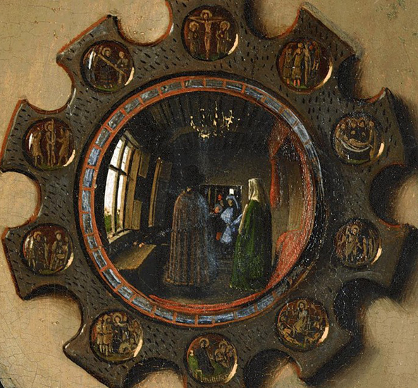 Ян ван Эйк. Арнольфини со спины в отражении зеркала, висящего позади них на стене. Художник тоже виден. Зеркало, похоже, фэншуйное, что-то вроде выпуклого зеркала багуа