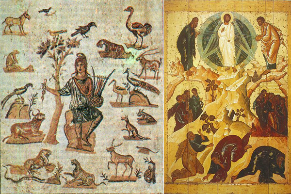 Слева играющий на лире Орфей в окружении животных, справа преображение Иисуса