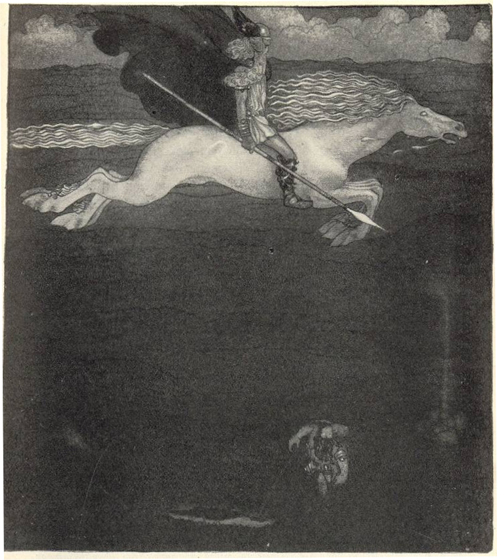 Вотан скачет на Слейпнире, восьминогом коне. Рисунок шведского иллюстратора Йона Бауэра. 1911