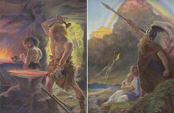 Слева Зигфрид кует свой меч в пещере карлика Миме. Справа Вотан на фоне Вальгаллы. Рисунки Hans Toepper