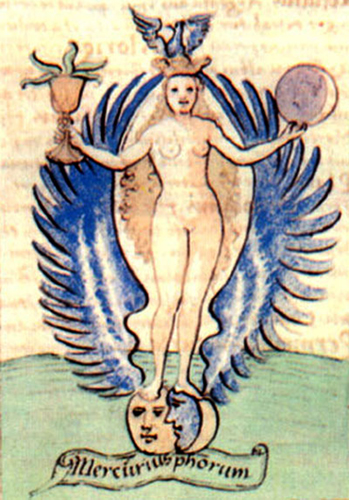 Меркурий в образе anima mundi – «Turba philosophorum» (манускрипт, Париж, 16 век). Картинка иллюстрирует «Психологию и алхимию» 