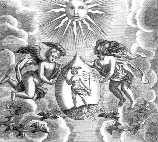 Меркурий в «философском яйце» (алхимический сосуд). Как filius он стоит на солнце и луне, символах его двойственной природы. Птицы символизируют одушевление, пока под палящими лучами солнца в сосуде созревает гомункулус. – Mutus liber (1702). Картинка иллюстрирует «Психологию и алхимию» 