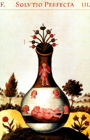 Конъюнкция противоположностей в герметическом сосуде или в воде (= бессознательное). – «Tresor des tresors» (манускрипт. 17 век). Картинка иллюстрирует «Психологию и алхимию» 