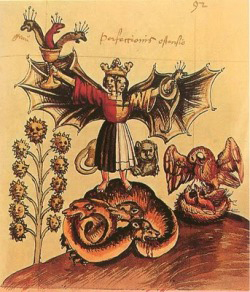 Гермафродит с тремя змеями и одной змеей. Внизу – трехглавый дракон Меркурия. Rosarium philosophorum, в Artis auri ferae (1593). Картинка иллюстрирует «Психологию и алхимию» Юнга