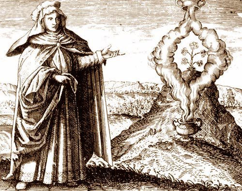 Мария Пророчица. На заднем плане союз (coninuctio) высшего и низшего. – Maier, Symbola aureae mensae (1617). Картинка иллюстрирует «Психологию и алхимию» 