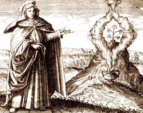 Мария Пророчица. На заднем плане союз (coninuctio) высшего и низшего. – Maier, Symbola aureae mensae (1617). Картинка иллюстрирует «Психологию и алхимию»
