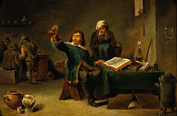 Этот человек, похожий на Декарта, вовсе не алхимик, он врач. И в руках у него не красная тинктура, а банально – моча (в которой, впрочем, может содержаться и красная тинктура, но только врач об этом не знает). Картина Давида Тенирса Младшего называется "Врач, исследующий мочу". 1650
