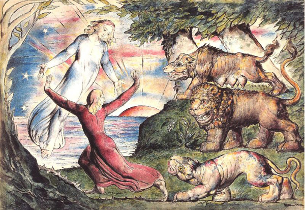 Вергилий спасает Данте от трех зверей. Иллюстрации Вильяма Блейка к «Божественной комедии». Ад. Песнь I 
