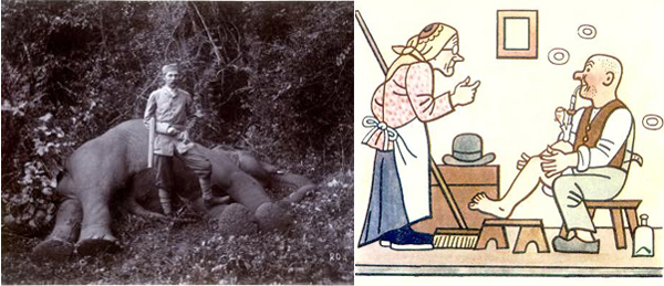 Слева эрцгерцог Фердинанд, убивший слона. Справа иллюстрация к роману Гашека. Служанка говорит Швейку: «Убили, значит, Фердинанда-то нашего»