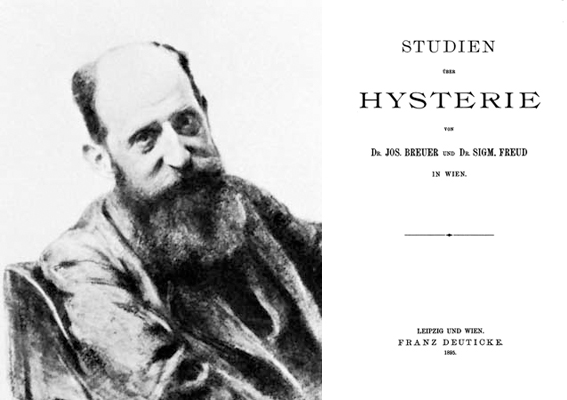 Слева Йозеф Брейер. Справа его книга в соавторстве с Фрейдом «Исследование истерии» (1895)