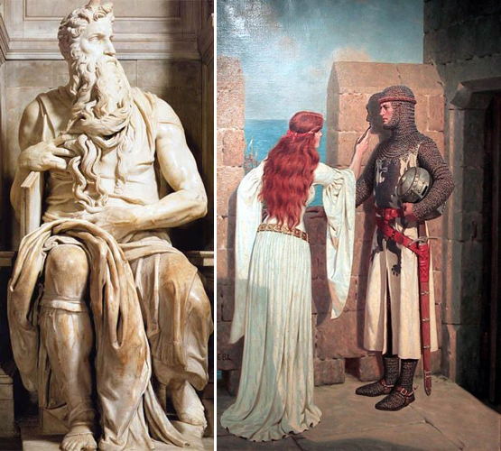 Слева Моисей работы Микеланжело (этой статуе Фрейд посвятил специальную статью, опубликованную поначалу анонимно, последняя большая работа Фрейда также была о Моисее). Справа картина Эдмунда Блэра Лейгтона "Тень", 1909