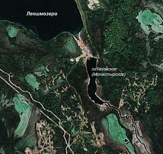 Место силы на Челме-горе обозначено красной точкой. Голубой точкой на Пудожском тракте показано место, где надо бросать машину и идти пешком. Дорога между точками на этом снимке легко просматривается, идти надо километров семь. А вот речка Челма почти не видна, она очень маленькая