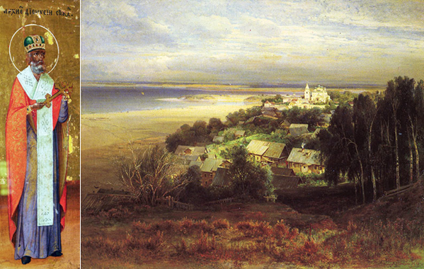 Слева святитель Дионисий Суздальский. Справа Вознесенский Печерский монастырь, картина Алексея Саврасова, 1871 год
