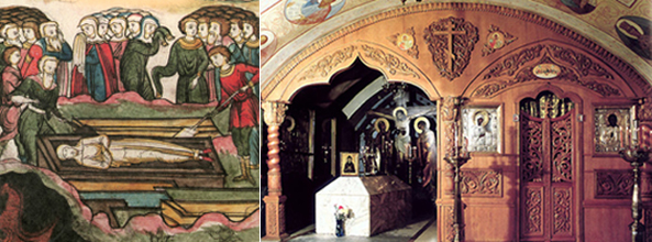 Слева обретение мощей Иоасафа Печерского, справа его гробница в склепе под полом Преображенской церкви. К этому месту ведет узкая лестница в двенадцать ступенек
