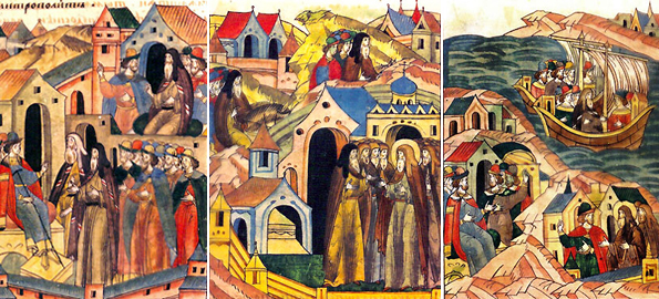 Это миниатюры Лицевого свода XVI в. Слева: Митяй и епископ Дионисий перед князем Дмитрием Донским (Дионисия вот-вот арестуют). В центре: Сергий Радонежский благословляет Дионисия на поездку в Царьград (если так, то они заодно, но я в это не очень-то верю). Справа Сергия укоряют за отъезд Дионисия. Действительно, Дмитрий Донской долго дулся на преподобного, но – упущенного не воротишь. Дионисий удаляется на корабле