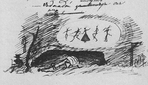 Как труп в пустыне я лежал. Это рисунок Пушкина 1821 года. Как видим, уже тут и камлания, и виселицы, которых в набросках Пушкина стало особенно много после казни декабристов, и, конечно, манипуляции над скелетом, столь необходимые при посвящении в шаманы