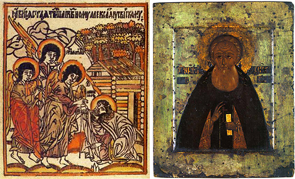 Слева лубочная икона явления Троицы Александру. Справа икона Александра Свирского средины 15-го века работы мастеров Алесандро-Свирского монастыря