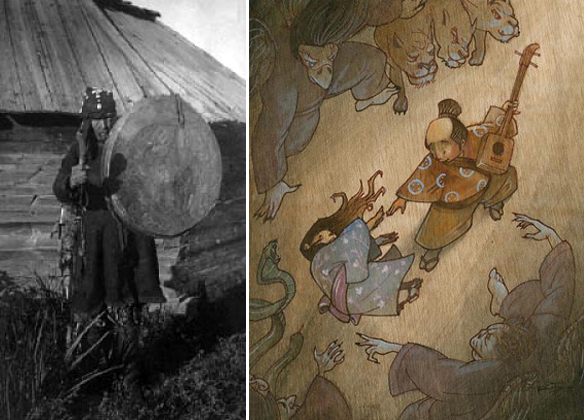 Слева хакасский шаман Егор Кызласов. Фото 1930 года. В студенческие годы я ездил в археологическую экспедицию в Хакасию с профессором Кызласовым (и поминал об этом в месте силы № 28, «Филипповское»). Возможно, профессор родственник этого шамана. Справа Орфей и Эвридика, как их себе представляет современный японский художник Ричи Тусон